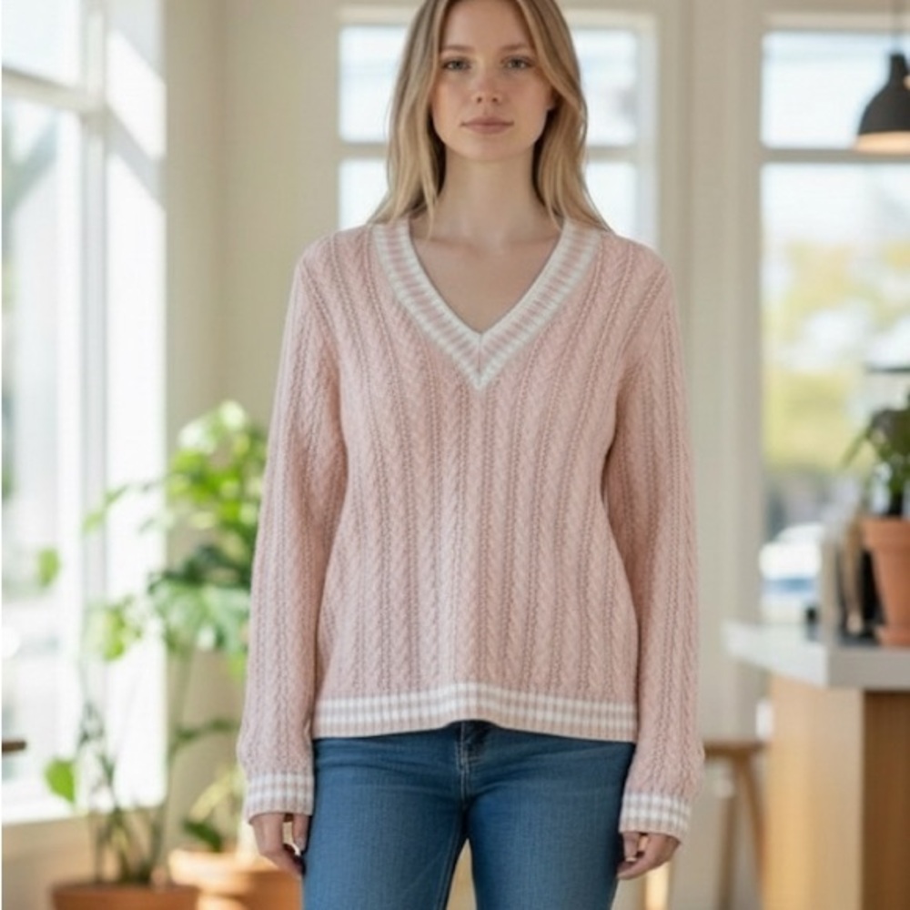 Ralph Lauren cable knit v-neck sweater Light Pink white preppy linen varsity XL